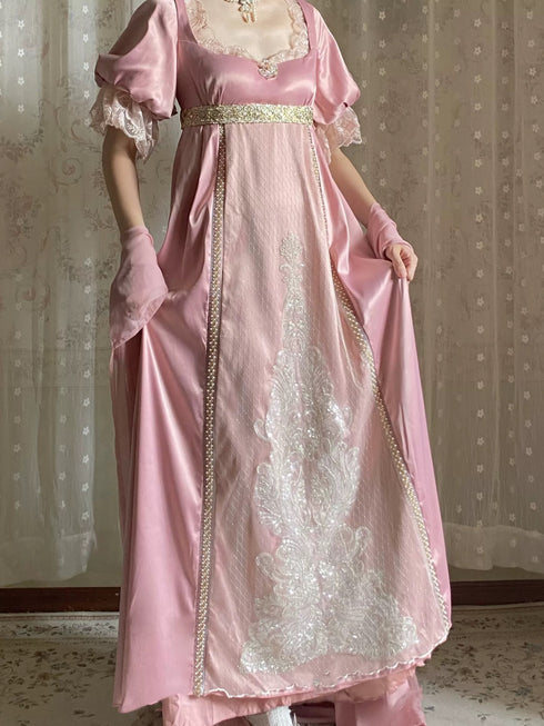 Pink Regency Era Dress with Lace Embroidery and Draped Sleeves – Bridgerton Inspired Lolita Dress Plus Size